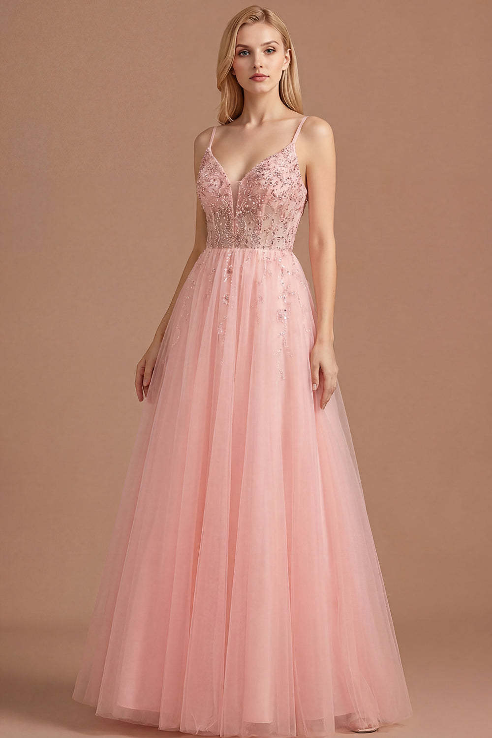 Leely Women Watermelon Sparkly Beaded Corset Long Prom Dress A Line Spaghetti Straps Backless Sleeveless Evening Dress