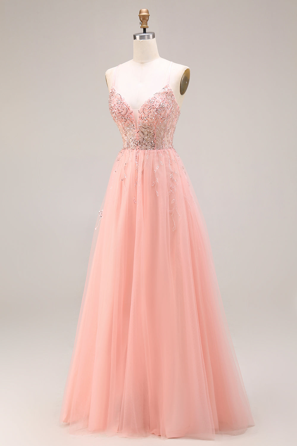 Watermelon A Line Sparkly Beaded Corset Spaghetti Straps Long Prom Dress