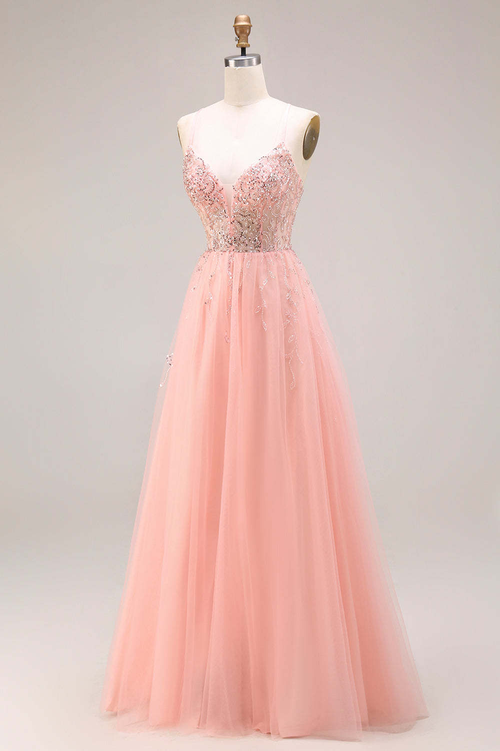 Watermelon A Line Sparkly Beaded Corset Spaghetti Straps Long Prom Dress