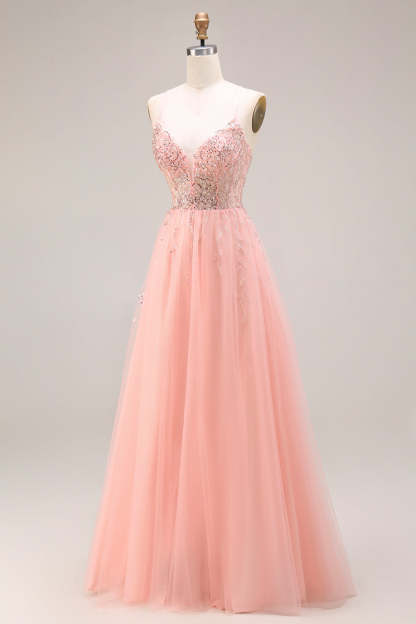 Watermelon A Line Sparkly Beaded Corset Spaghetti Straps Long Prom Dress