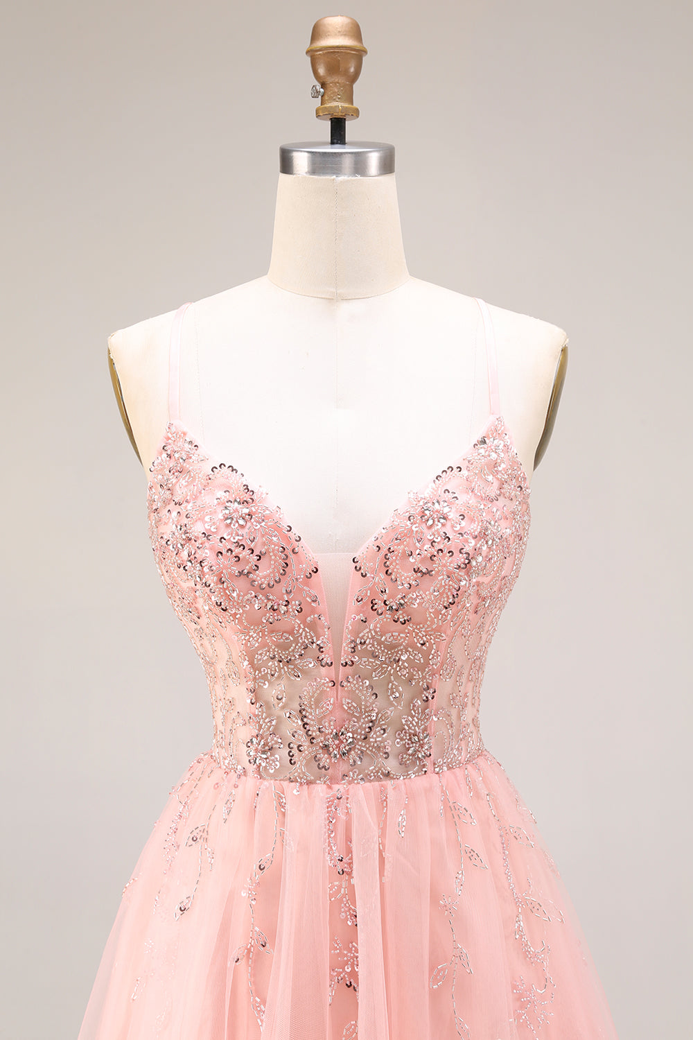 Watermelon A Line Sparkly Beaded Corset Spaghetti Straps Long Prom Dress