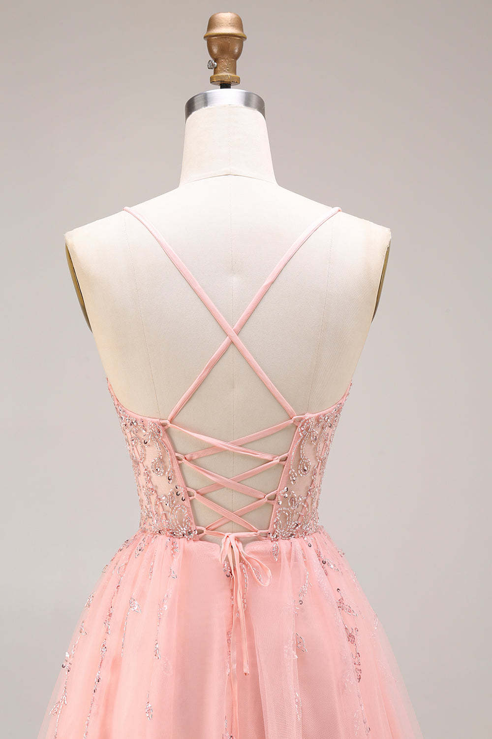 Watermelon A Line Sparkly Beaded Corset Spaghetti Straps Long Prom Dress