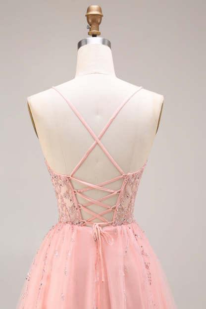 Watermelon A Line Sparkly Beaded Corset Spaghetti Straps Long Prom Dress