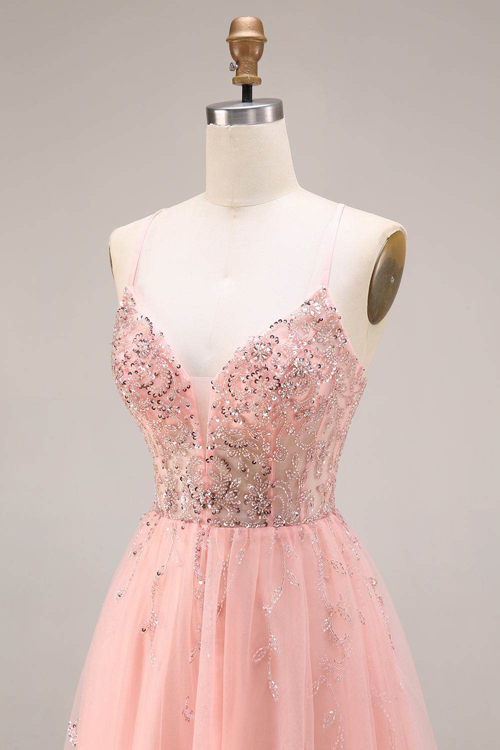 Watermelon A Line Sparkly Beaded Corset Spaghetti Straps Long Prom Dress