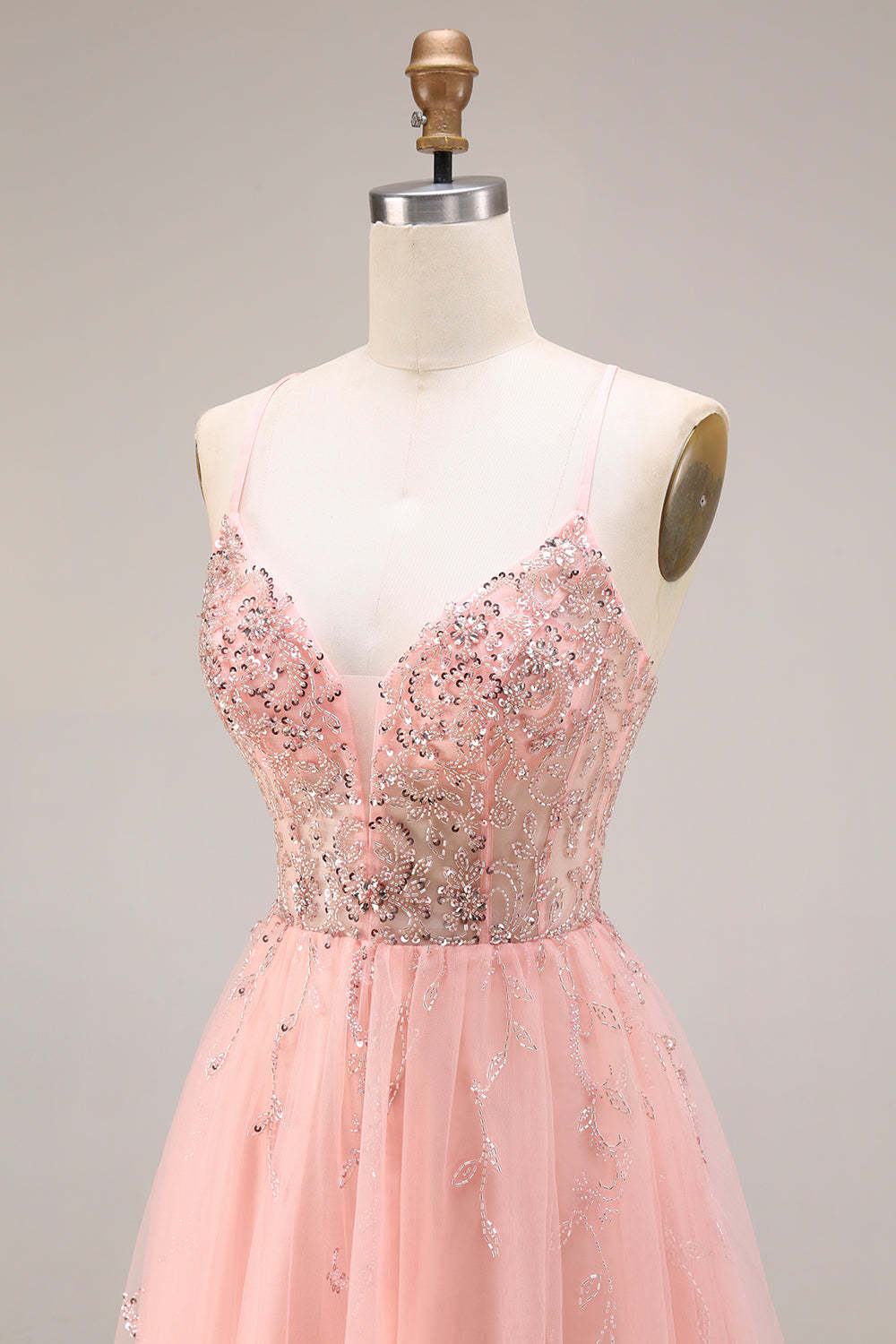 Watermelon A Line Sparkly Beaded Corset Spaghetti Straps Long Prom Dress