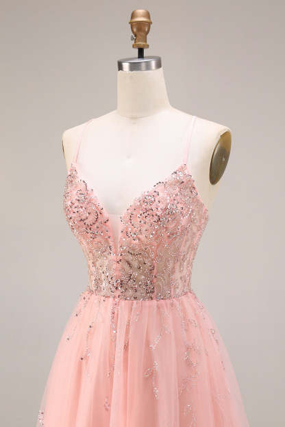 Watermelon A Line Sparkly Beaded Corset Spaghetti Straps Long Prom Dress