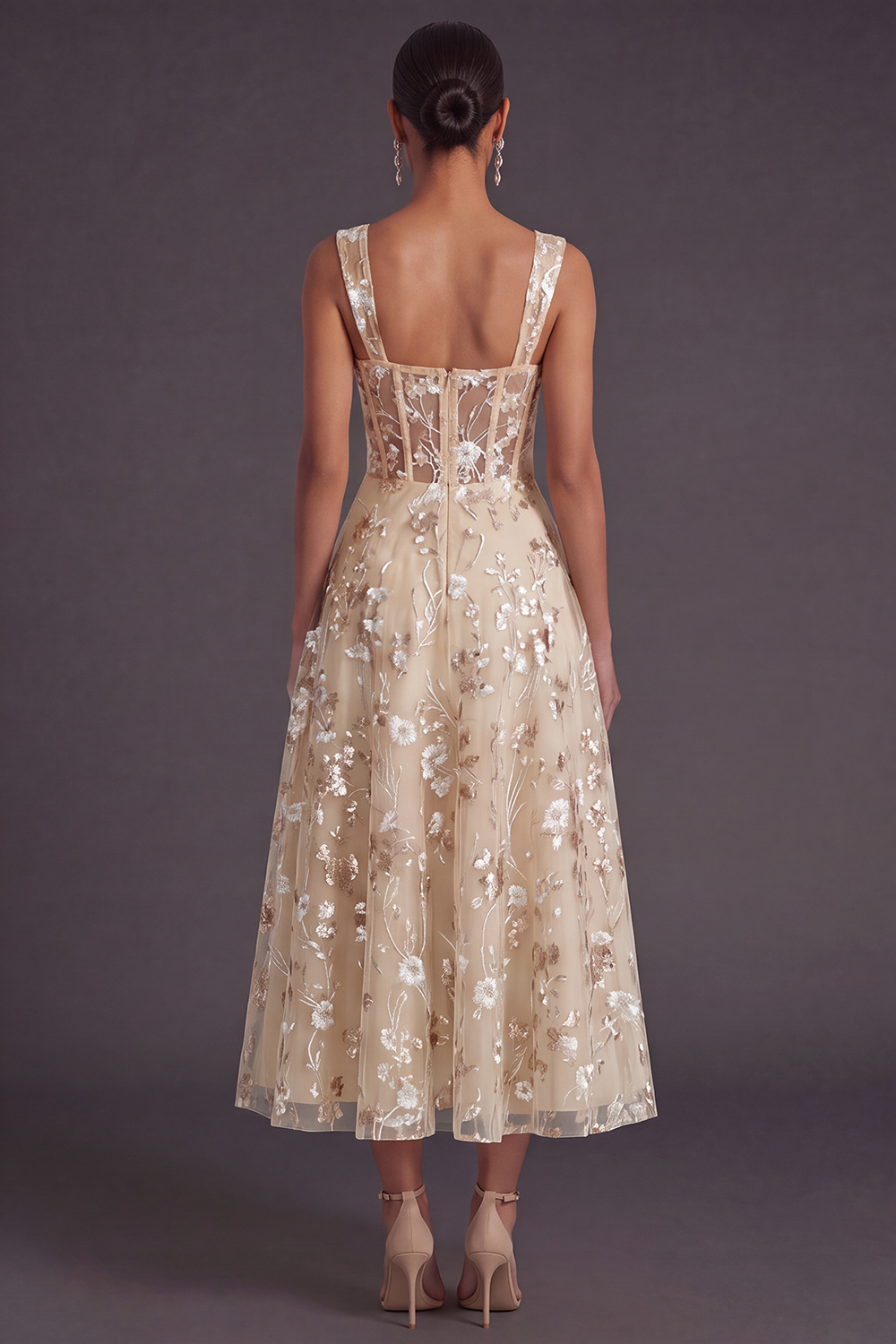 Sparkly Pink Sequined Corset A Line Floral Long Gala Dress