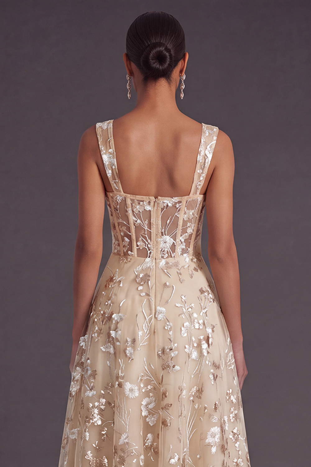 Sparkly Pink Sequined Corset A Line Floral Long Gala Dress
