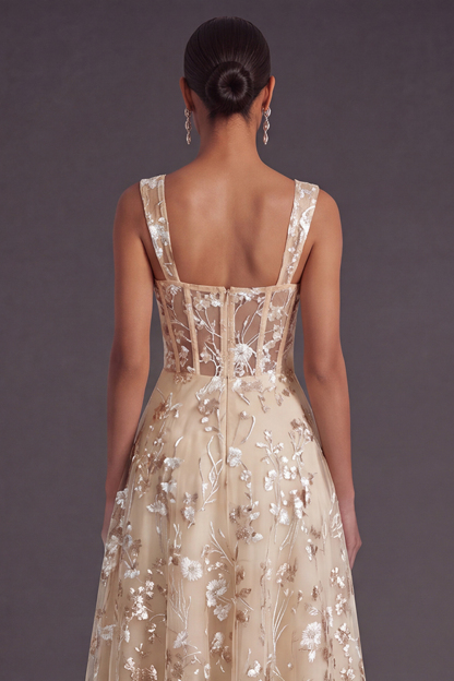 Sparkly Pink Sequined Corset A Line Floral Long Gala Dress
