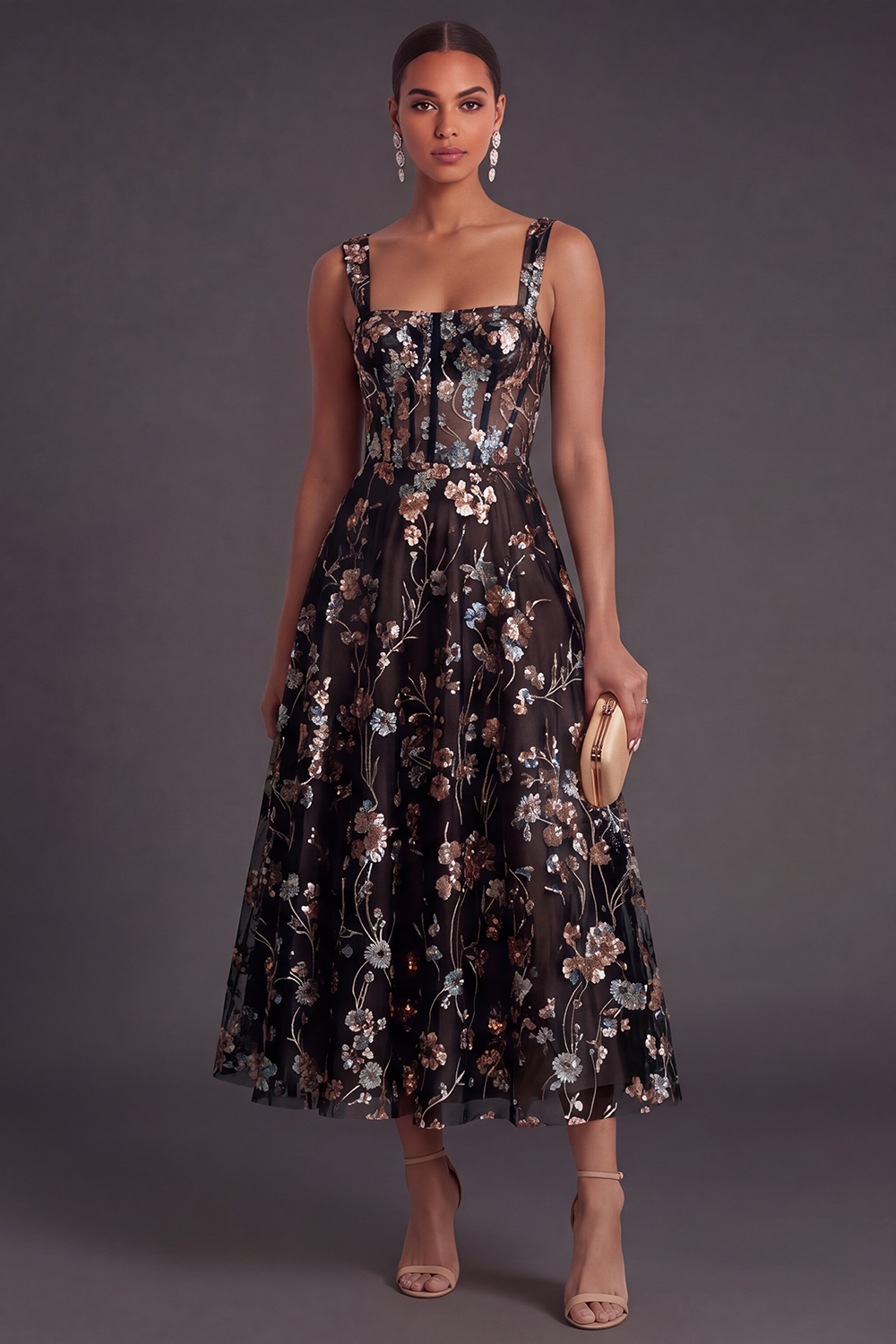Sparkly Pink Sequined Corset A Line Floral Long Gala Dress