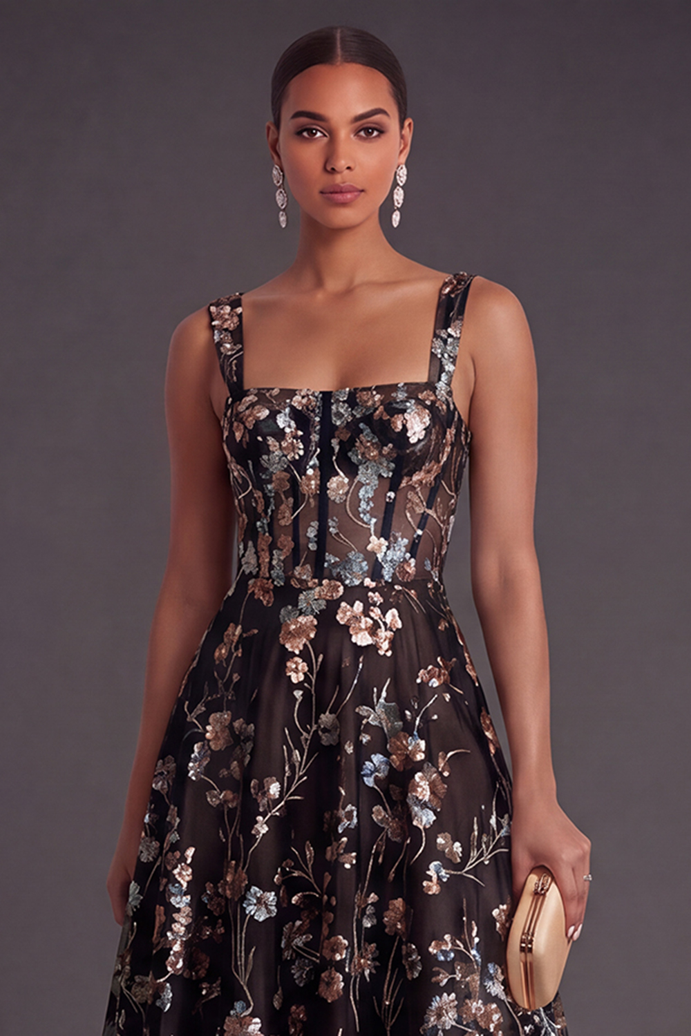 Sparkly Pink Sequined Corset A Line Floral Long Gala Dress