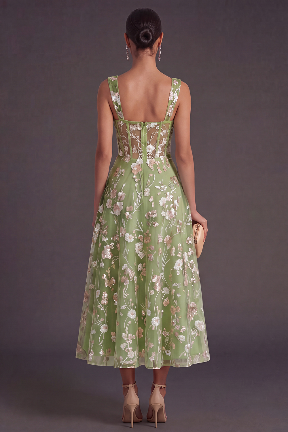 Sparkly Pink Sequined Corset A Line Floral Long Gala Dress