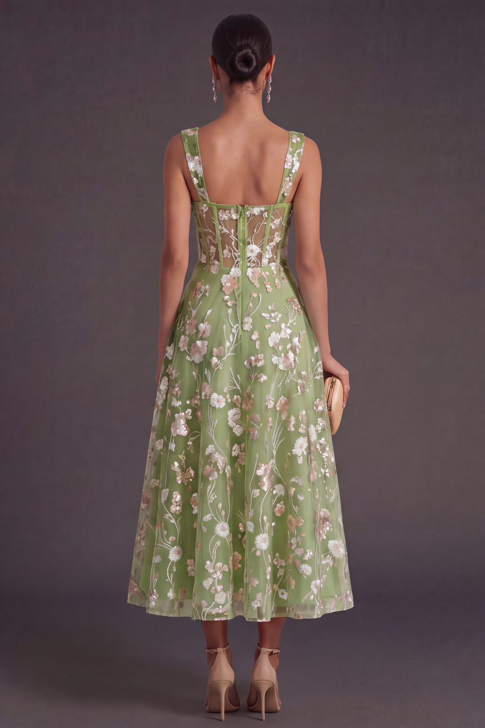 Sparkly Pink Sequined Corset A Line Floral Long Gala Dress