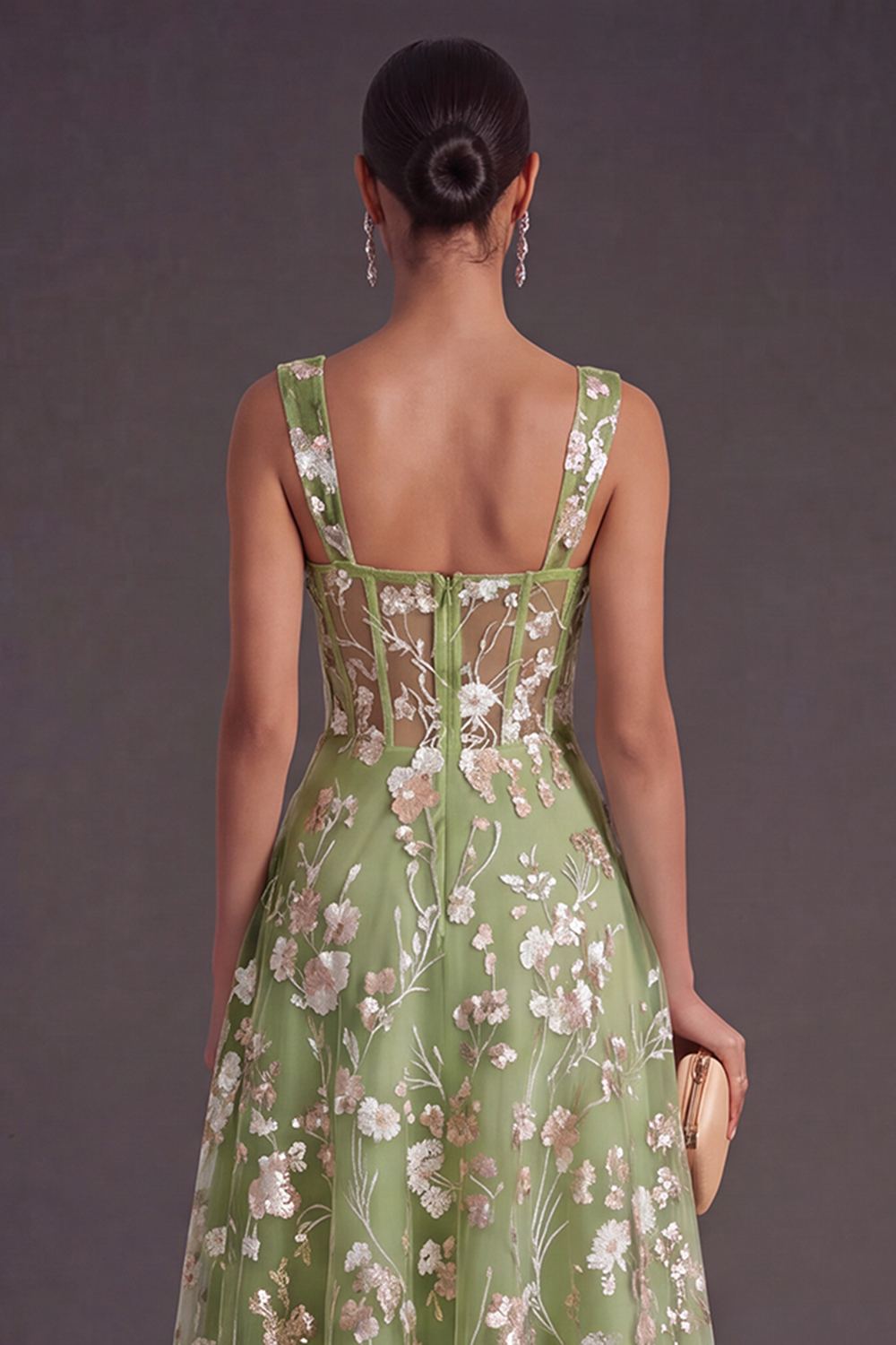 Sparkly Pink Sequined Corset A Line Floral Long Gala Dress
