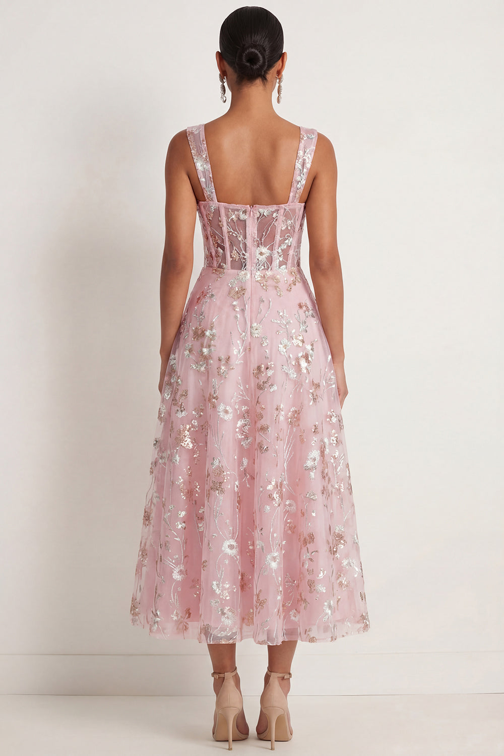 Sparkly Pink Sequined Corset A Line Floral Long Gala Dress