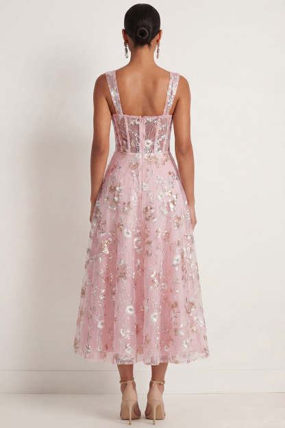 Sparkly Pink Sequined Corset A Line Floral Long Gala Dress
