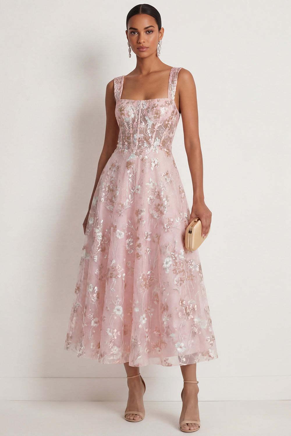 Leely Women Sparkly Pink Sequined Corset A Line Floral Long Gala Dress Appliqued Thick Straps Sleeveless Backless Formal Dress