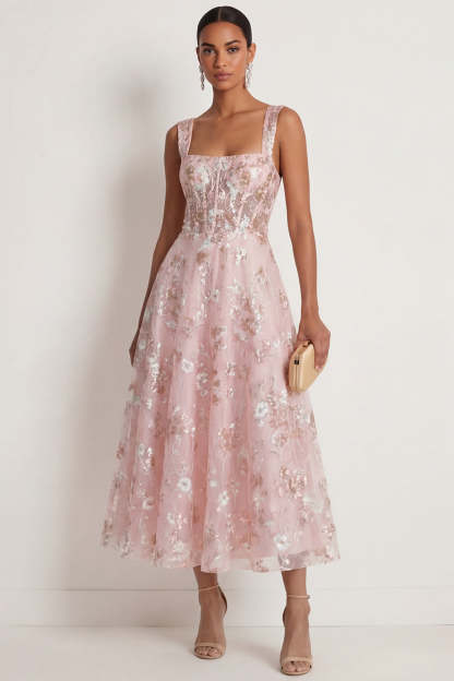 Leely Women Sparkly Pink Sequined Corset A Line Floral Long Gala Dress Appliqued Thick Straps Sleeveless Backless Formal Dress