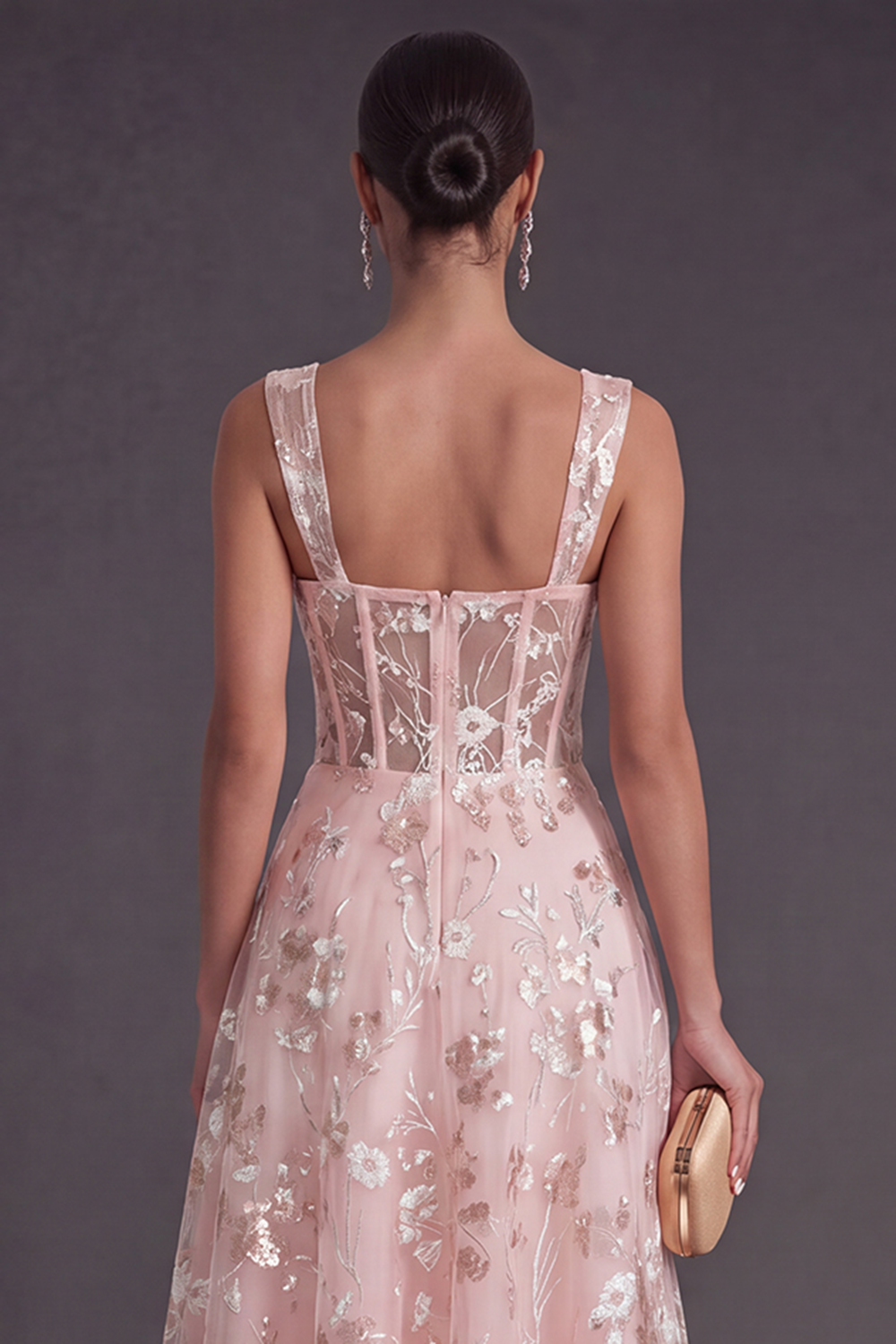 Sparkly Pink Sequined Corset A Line Floral Long Gala Dress