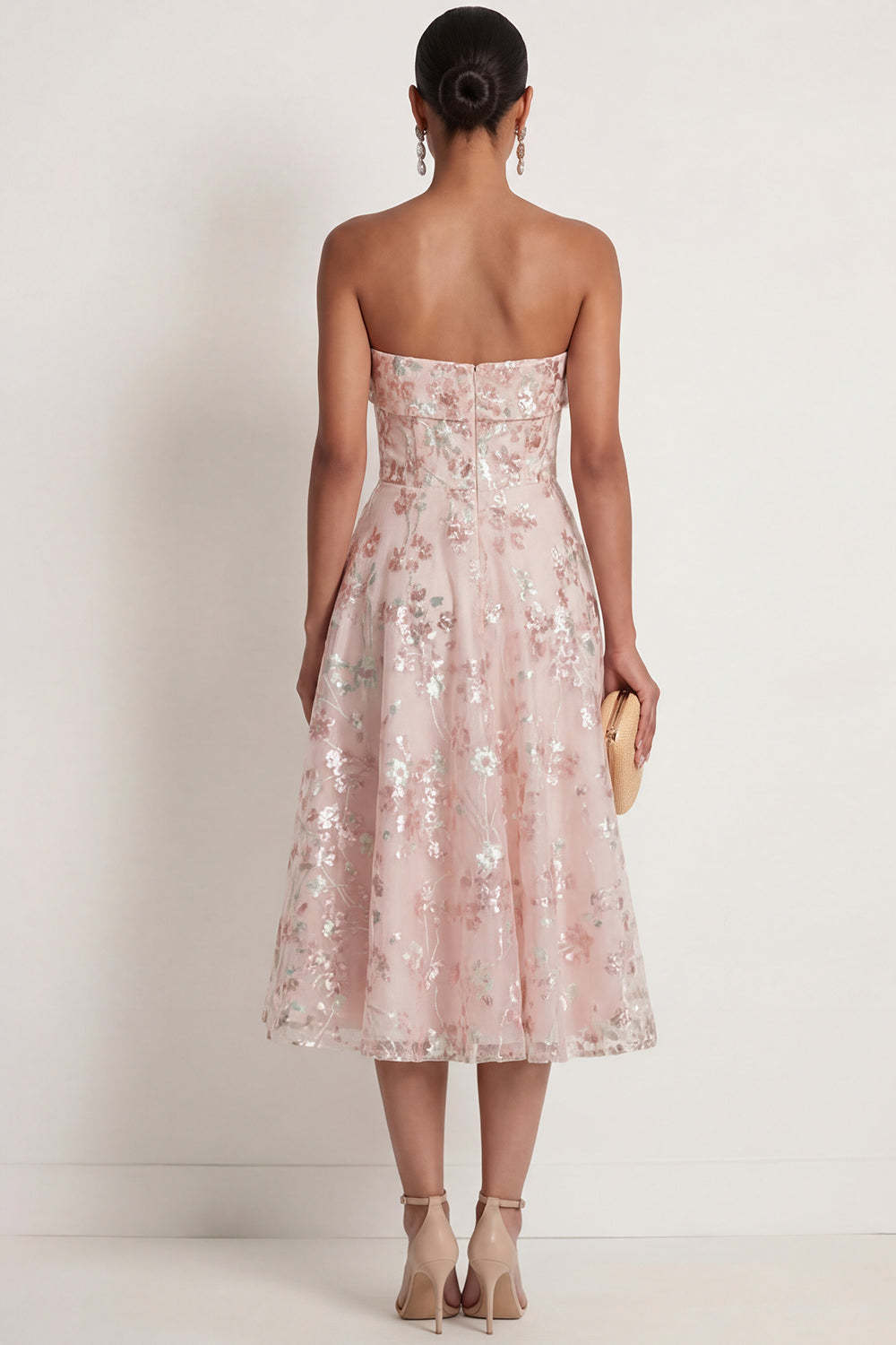 Sparkly Pink Sequined Strapless Appliqued A Line Maxi Prom Dress