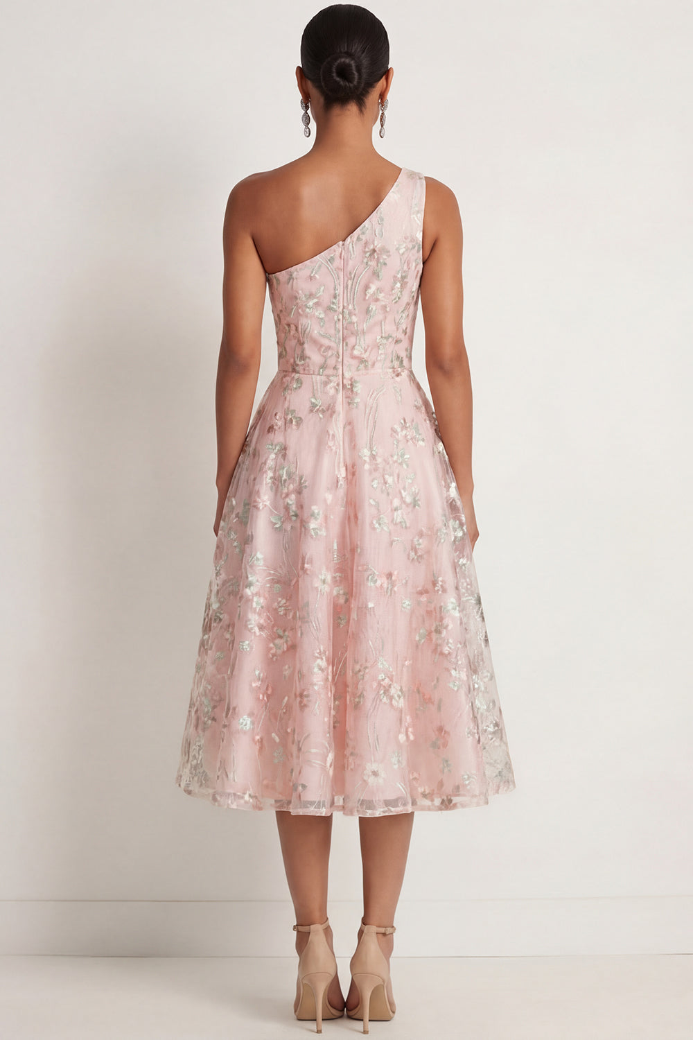 Sparkly Pink Sequined One Shoulder Appliqued Floral A Line Maxi Prom Dress