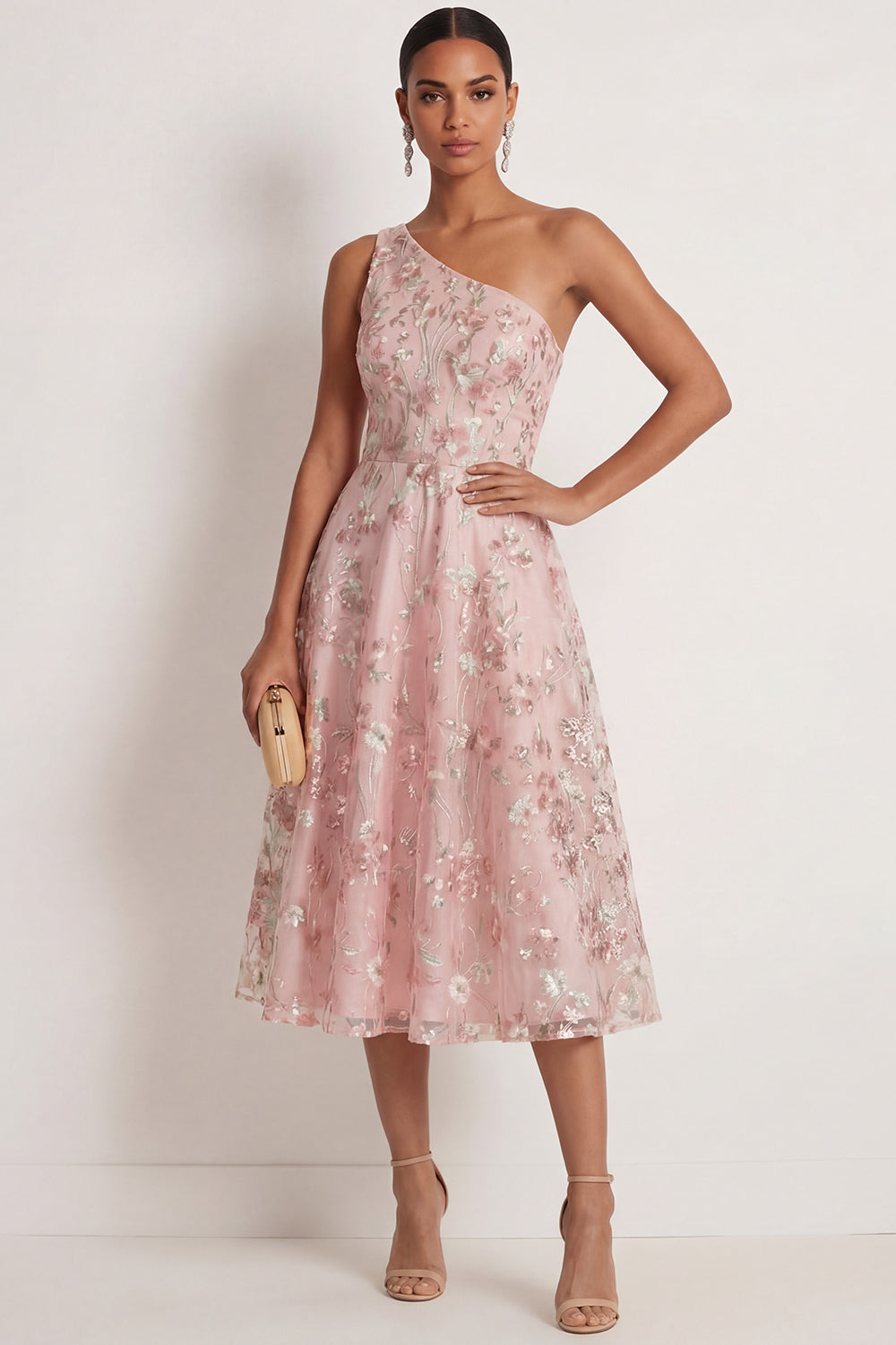 Sparkly Pink Sequined One Shoulder Appliqued Floral A Line Maxi Prom Dress