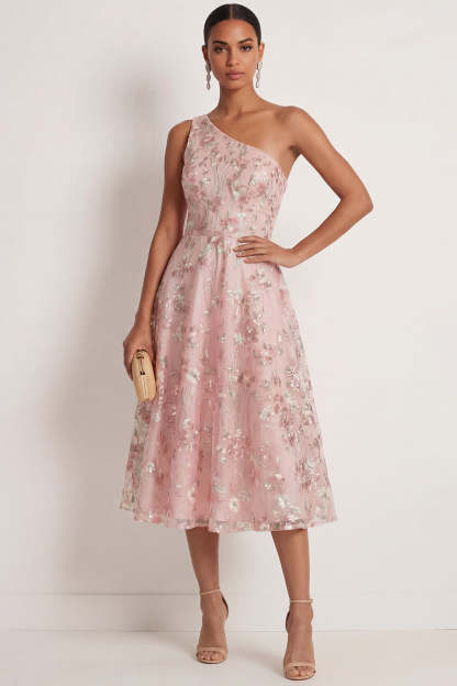 Leely Women Sparkly Pink Sequined Appliqued Floral A Line Maxi Prom Dress One Shoulder Sleeveless Backless Gala Dress