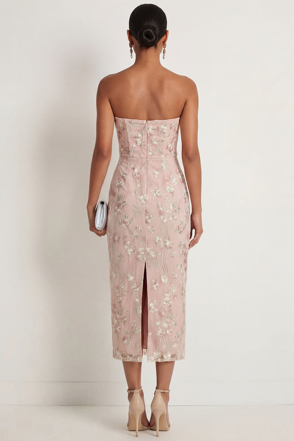 Sparkly Pink Sequined Strapless Mermaid Floral Midi Gala Dress