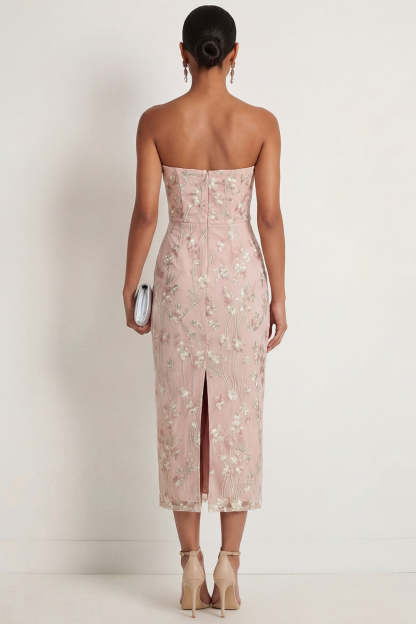 Sparkly Pink Sequined Strapless Mermaid Floral Midi Gala Dress