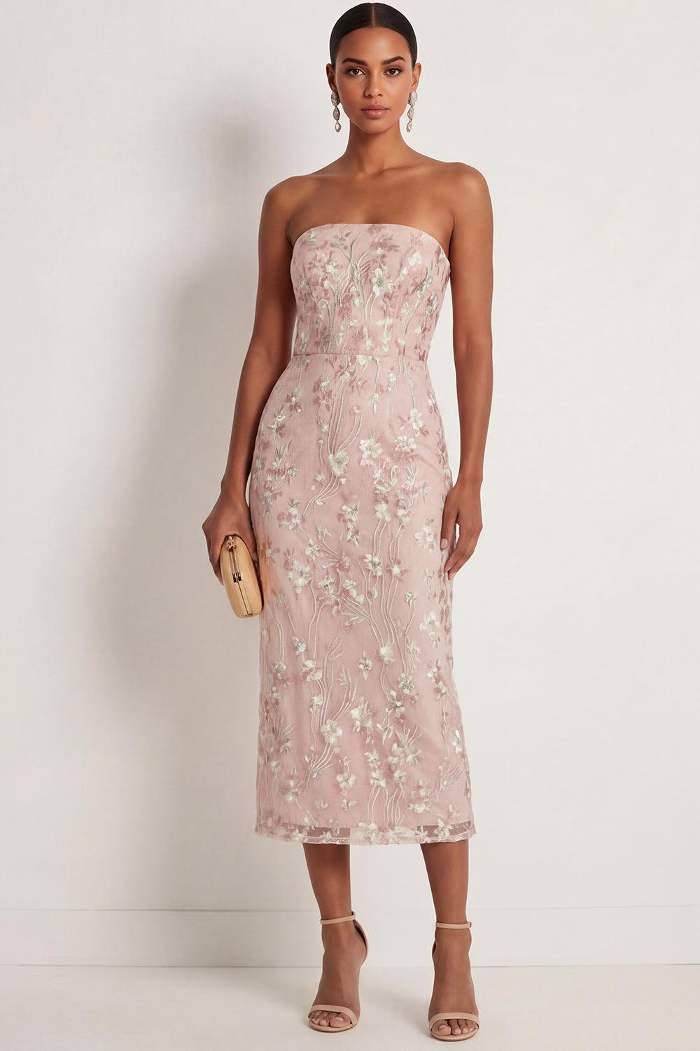 Leely Women Sparkly Pink Sequined Strapless Mermaid Floral Midi Gala Dress Appliqued Backless Sleeveless Prom Dress