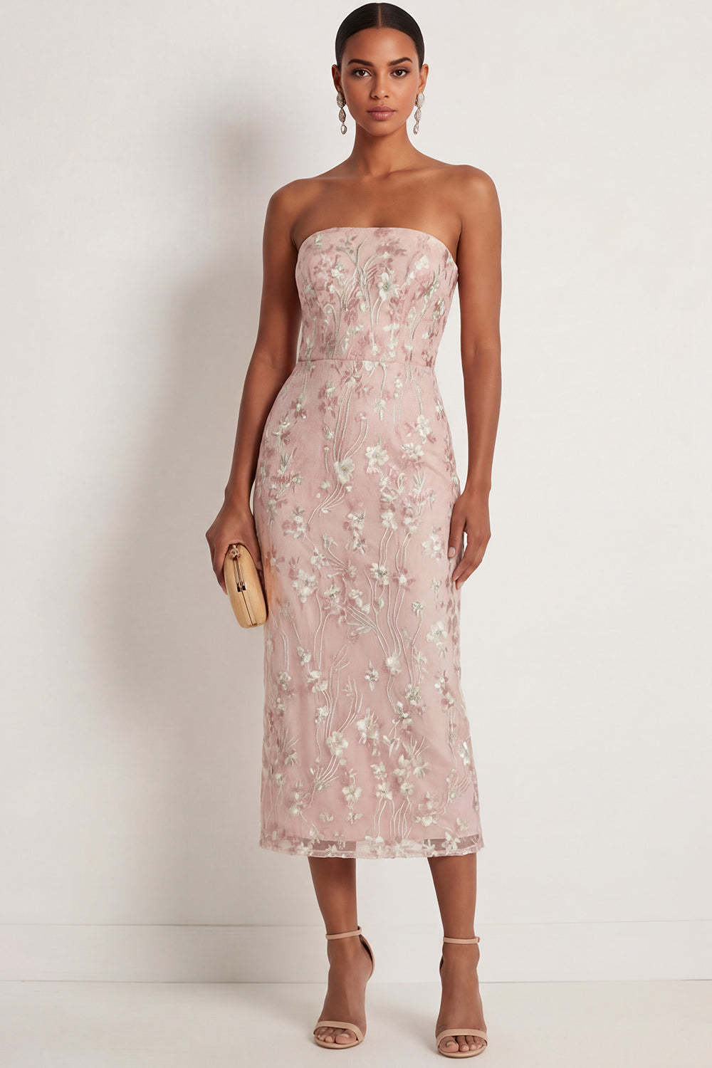 Leely Women Sparkly Pink Sequined Strapless Mermaid Floral Midi Gala Dress Appliqued Backless Sleeveless Prom Dress