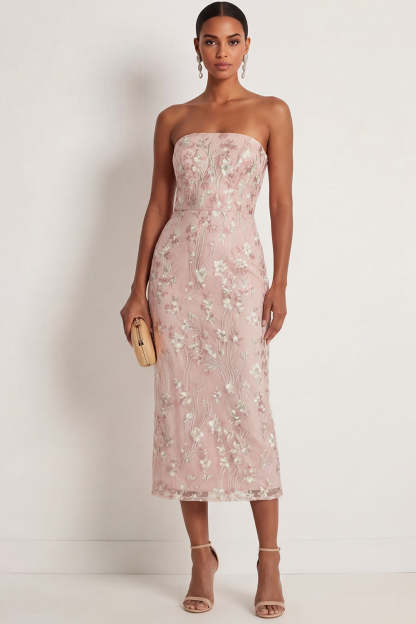 Leely Women Sparkly Pink Sequined Strapless Mermaid Floral Midi Gala Dress Appliqued Backless Sleeveless Prom Dress