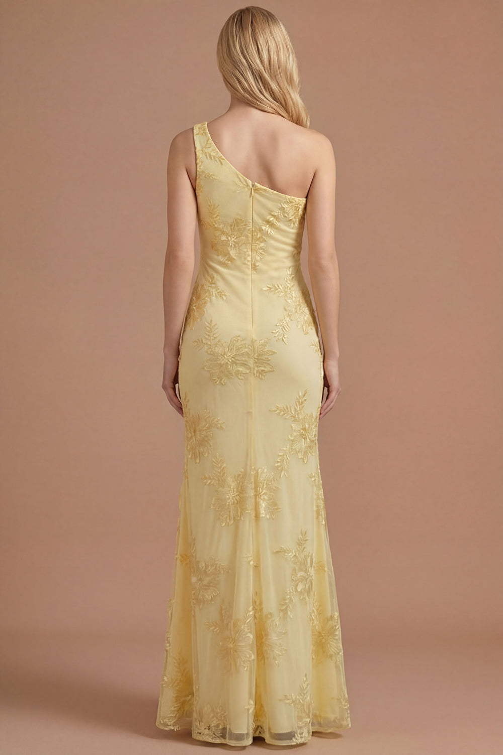 Yellow Mermaid Floral One Shoulder Long Formal Dress with Slit
