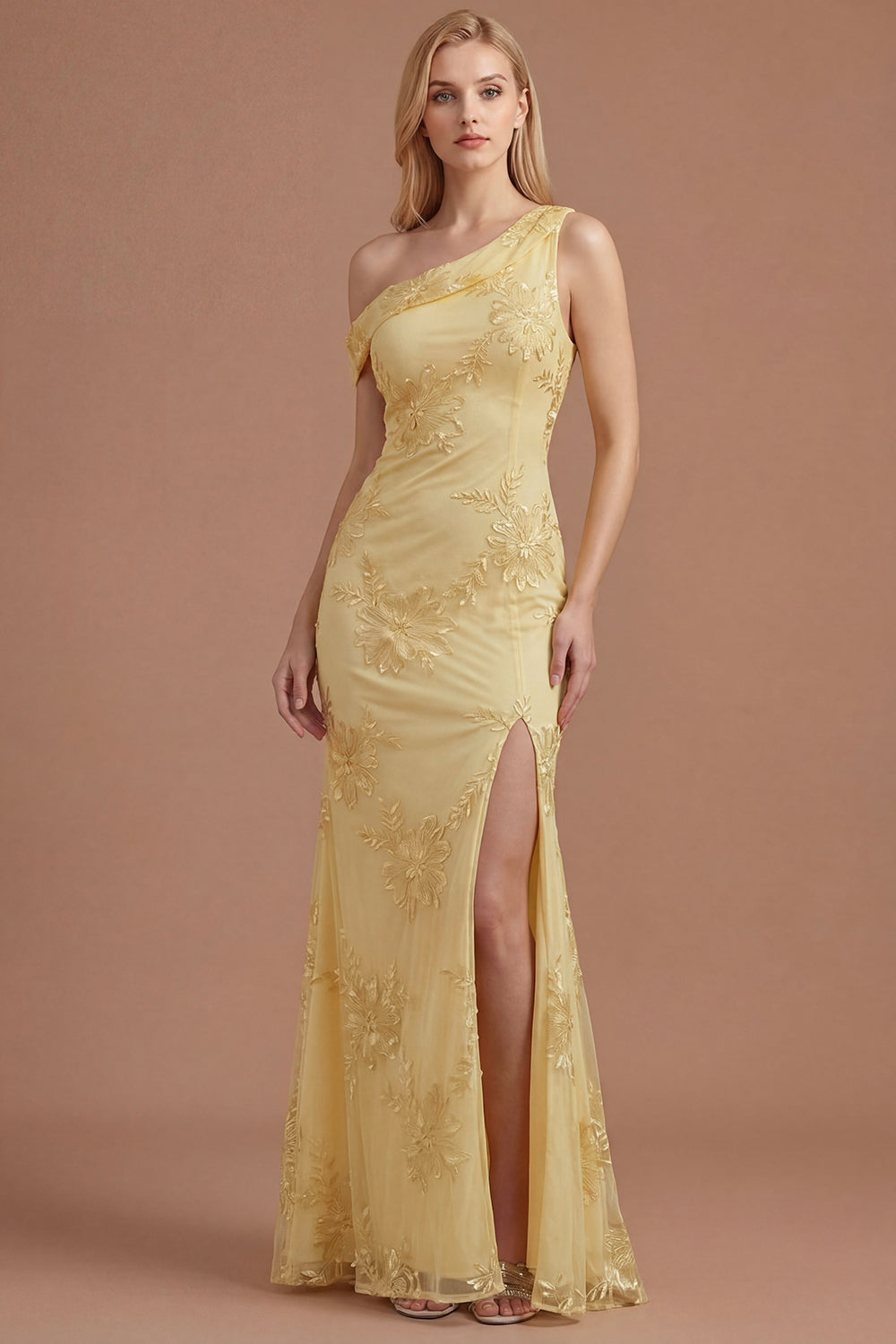 Yellow Mermaid Floral One Shoulder Long Formal Dress with Slit