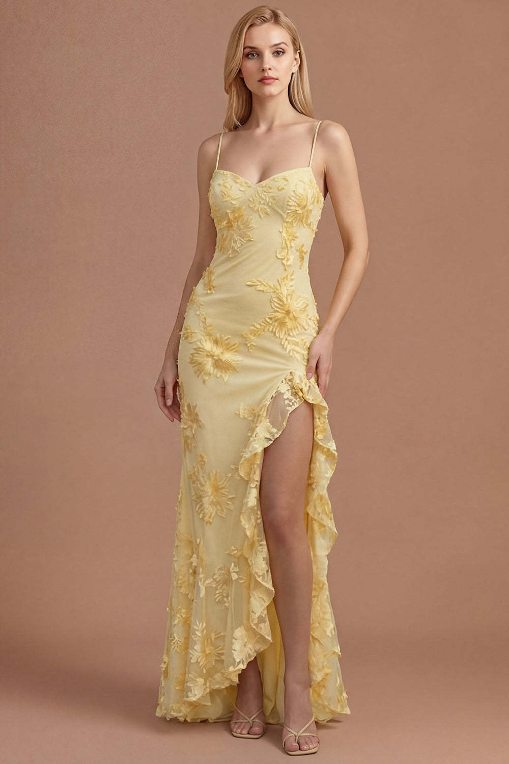 Leely Women Yellow Mermaid Floral Ruffled Long Formal Dress with Slit Spaghetti Straps Backless Appliqued Wedding Guest Dress