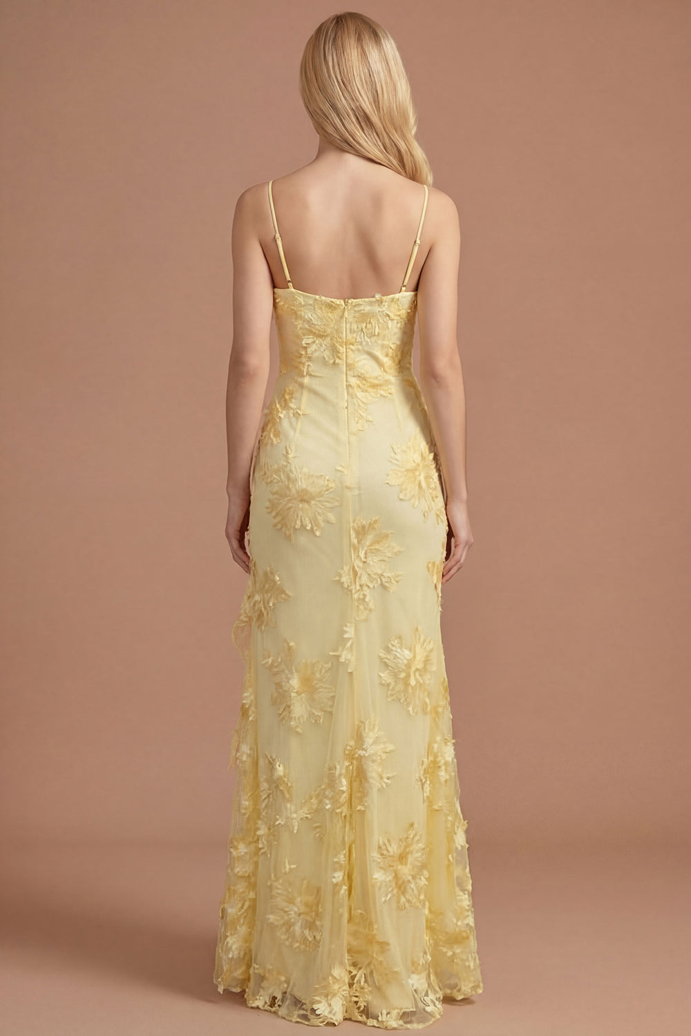 Yellow Mermaid Floral Spaghetti Straps Ruffled Long Formal Dress with Slit