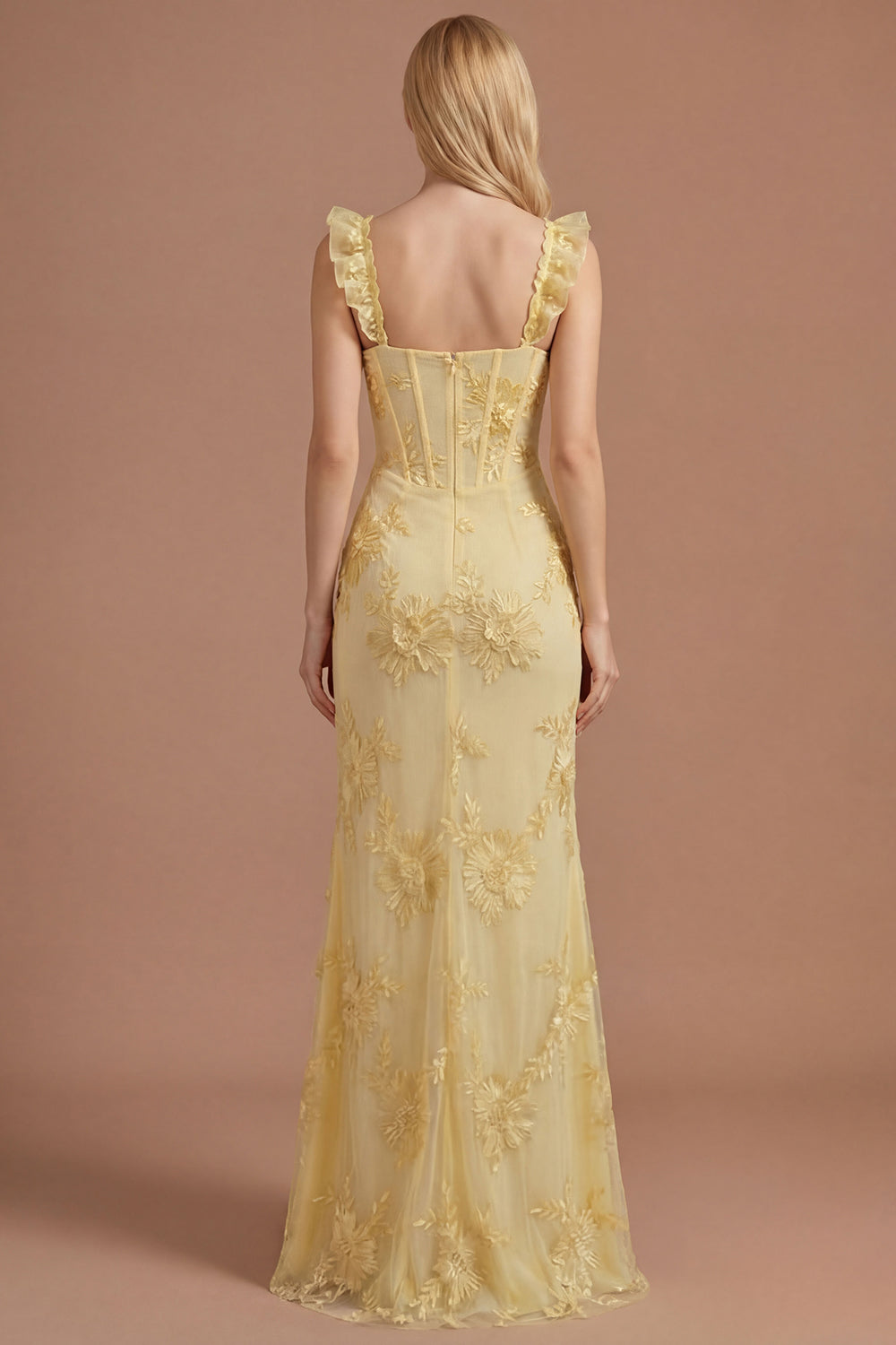 Yellow Mermaid Floral Corset Spaghetti Straps Ruffled Long Formal Dress