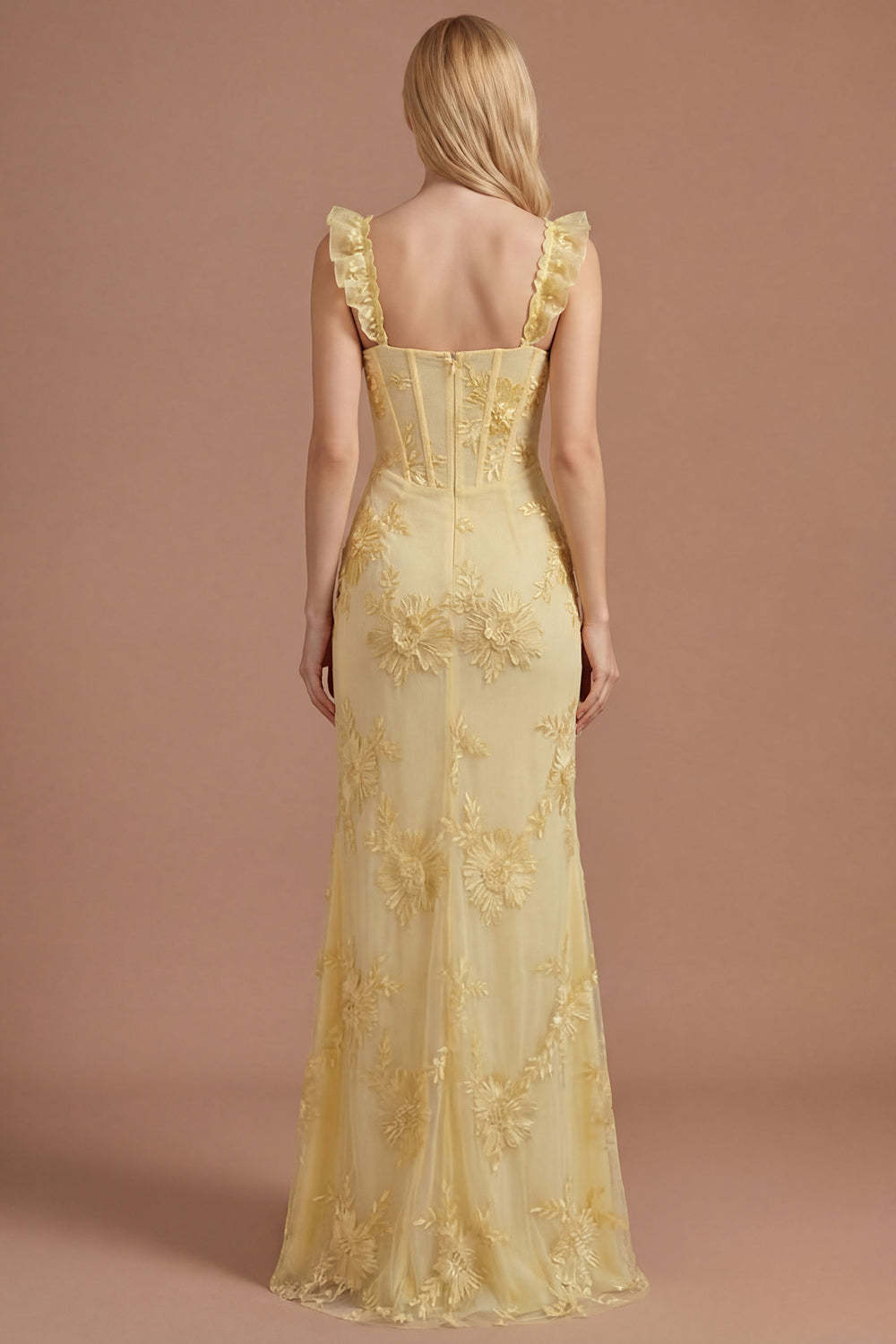 Yellow Mermaid Floral Corset Spaghetti Straps Ruffled Long Formal Dress