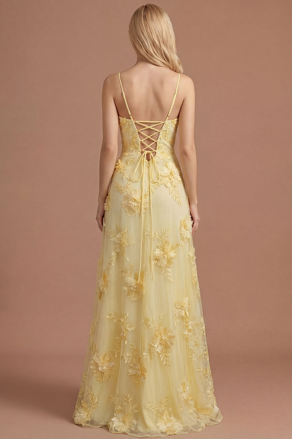 Yellow Floral Spaghetti Straps Appliqued Long Formal Dress
