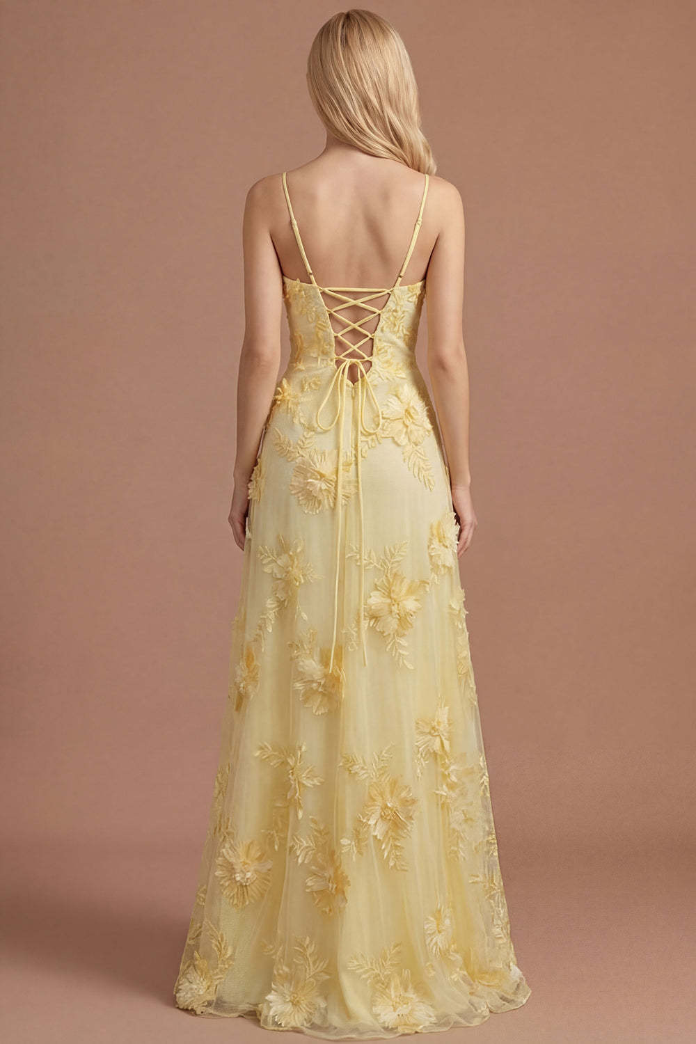 Yellow Floral Spaghetti Straps Appliqued Long Formal Dress