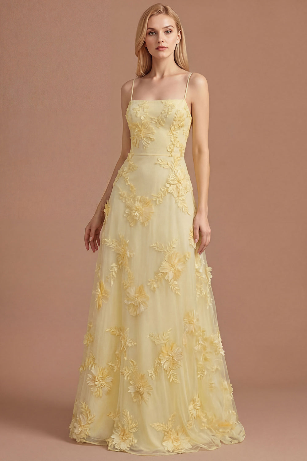 Leely Women Yellow Floral Spaghetti Straps Appliqued Long Formal Dress A Line Backless Sleeveless Evening Dress
