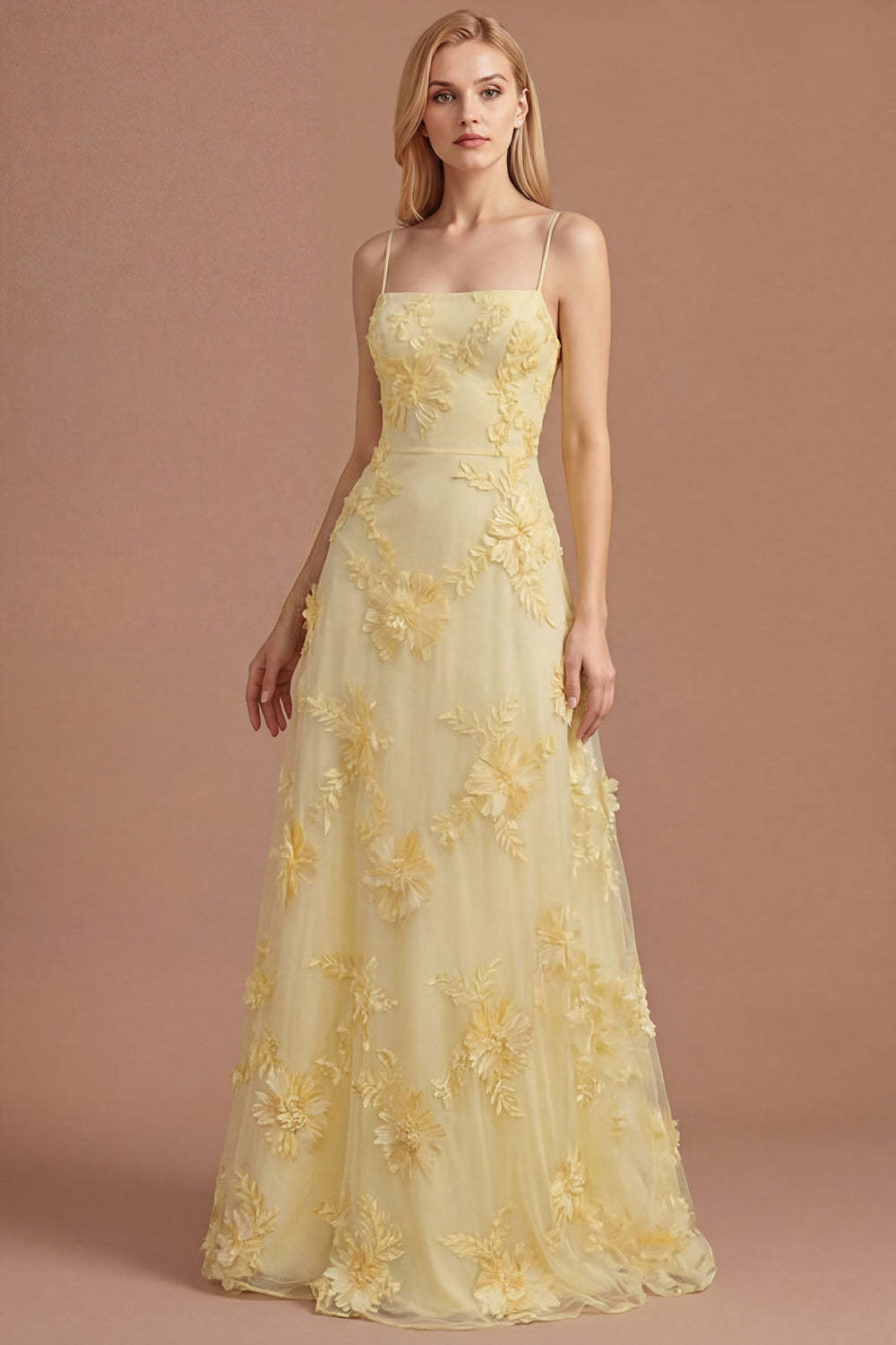 Leely Women Yellow Floral Spaghetti Straps Appliqued Long Formal Dress A Line Backless Sleeveless Evening Dress