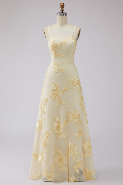 Yellow Floral Spaghetti Straps Appliqued Long Formal Dress