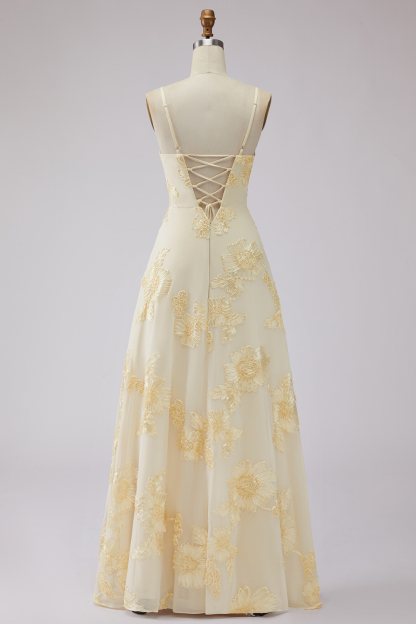 Yellow Floral Spaghetti Straps Appliqued Long Formal Dress