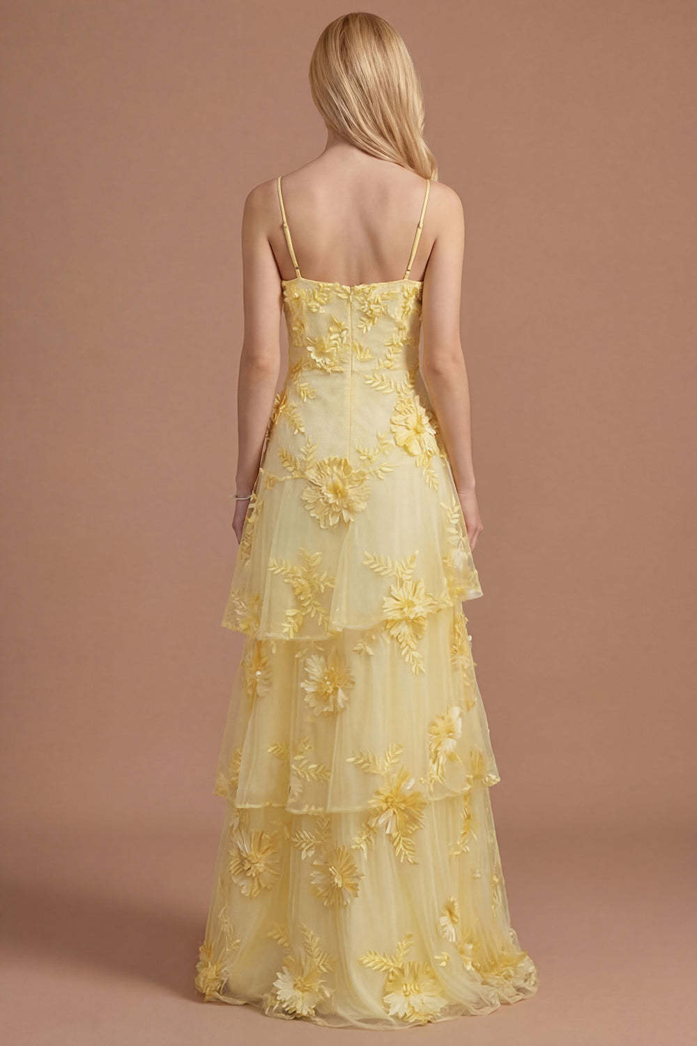 Yellow Floral Spaghetti Straps Appliqued Ruffled Tiered Long Formal Dress