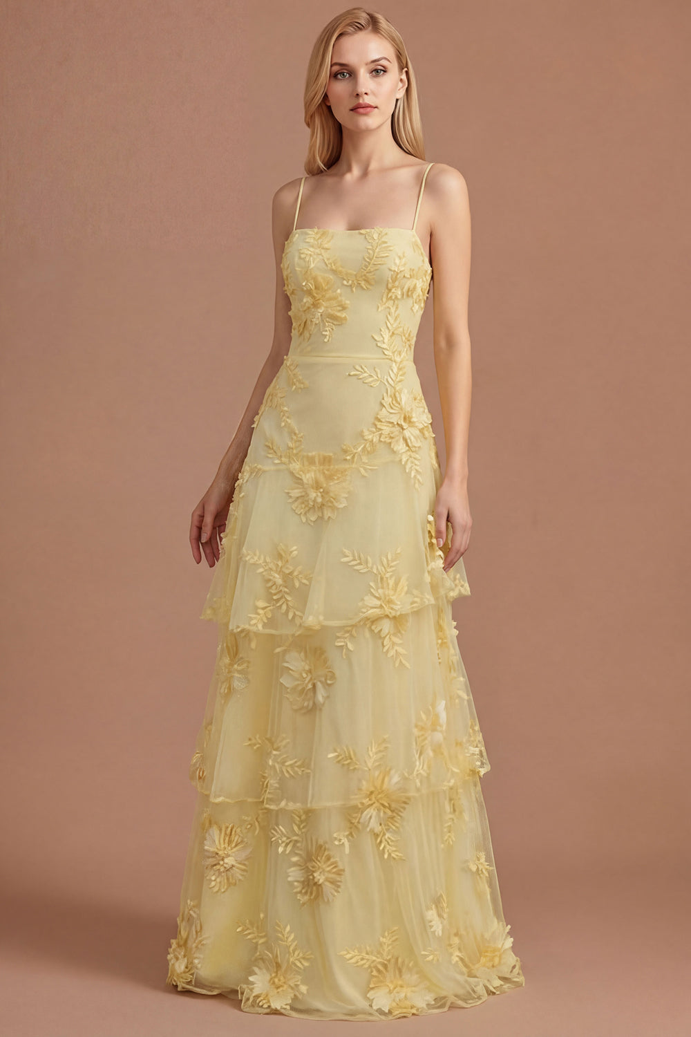 Yellow Floral Spaghetti Straps Appliqued Ruffled Tiered Long Formal Dress