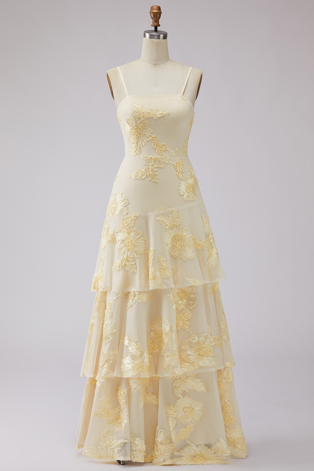 Yellow Floral Spaghetti Straps Appliqued Ruffled Tiered Long Formal Dress