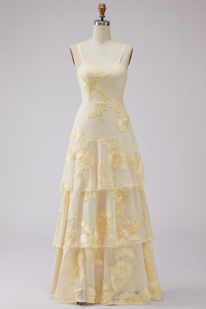 Yellow Floral Spaghetti Straps Appliqued Ruffled Tiered Long Formal Dress