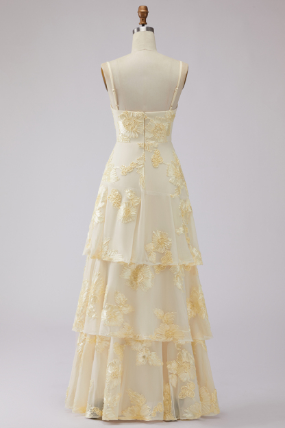 Yellow Floral Spaghetti Straps Appliqued Ruffled Tiered Long Formal Dress