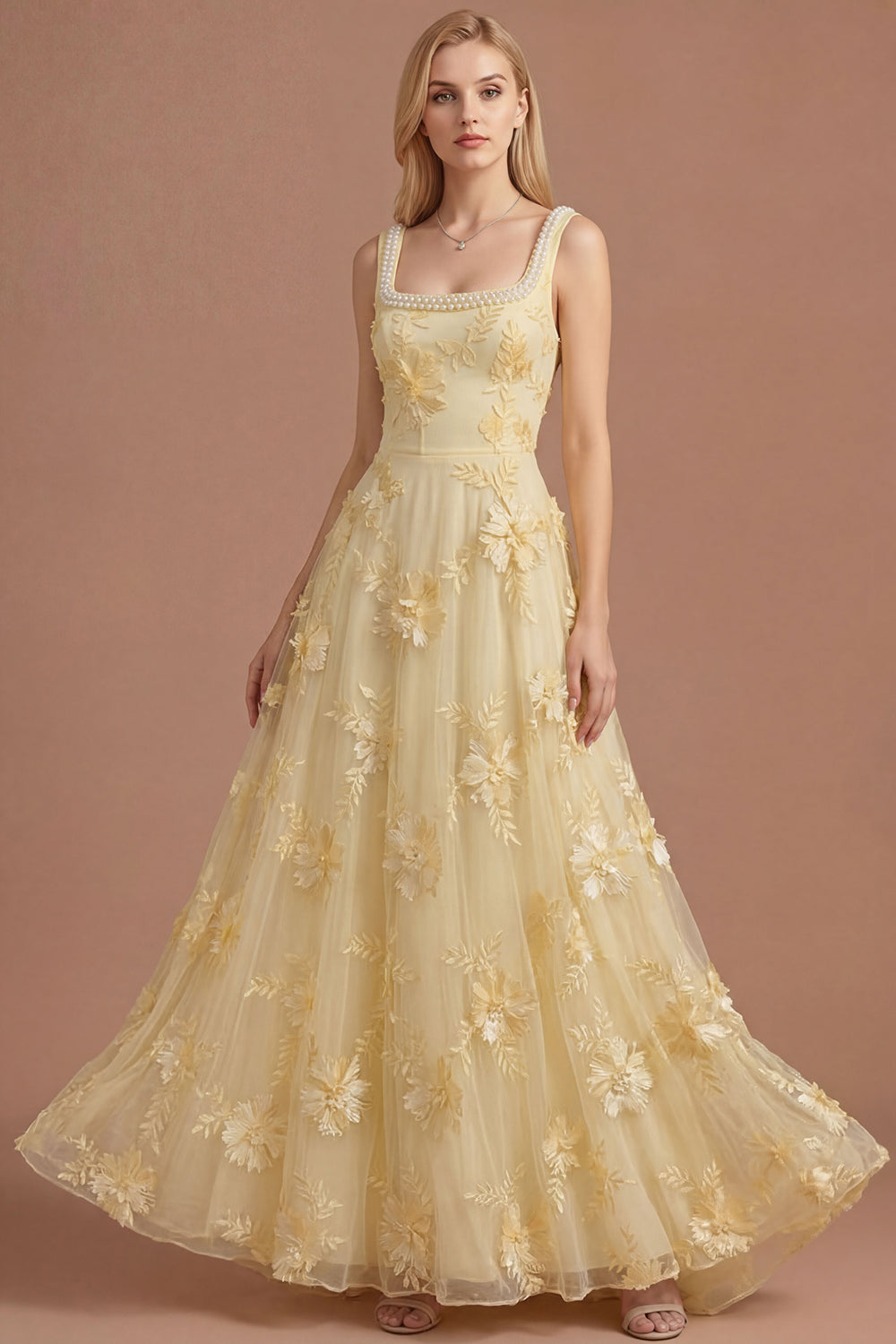 Leely Women Sparkly Beaded Yellow A Line Floral Appliqued Long Prom Dress Square Neck Backless Sleeveless Wedding Guest Dress